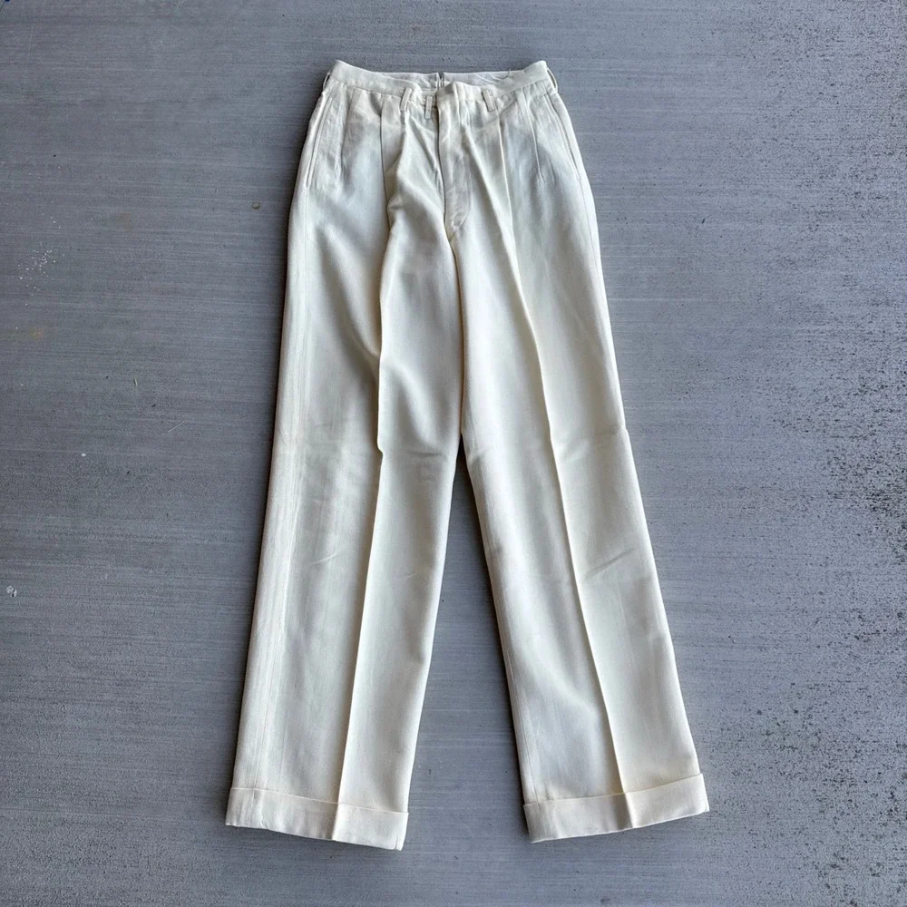 Palm Beach Suit Mens 37 Cream Double Breasted Pleated Cuffed 2 pc Vintage 1940s